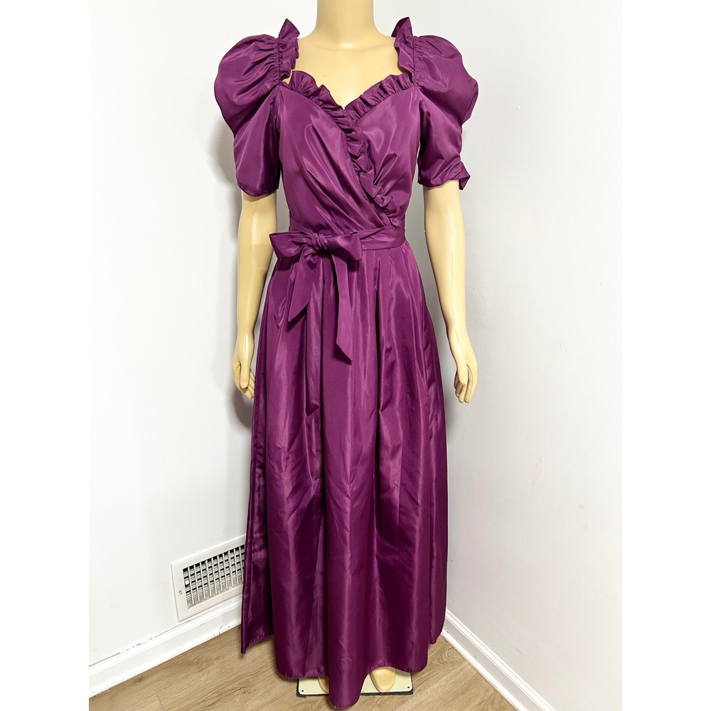Vintage 80s Plum Purple Ruffle Puff Sleeve Maxi Dress Prom Gown Size 11/12 XS S